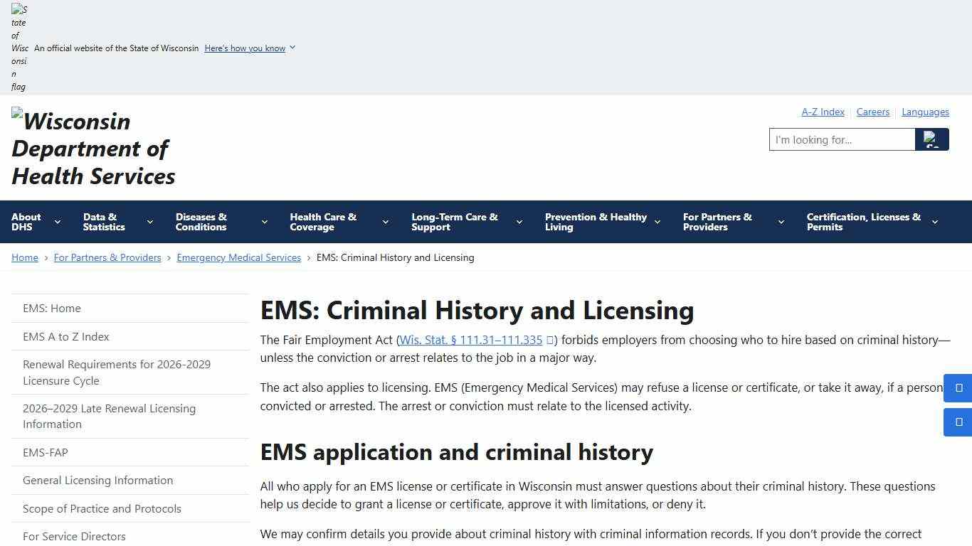EMS: Criminal History and Licensing Wisconsin Department of Health Services
